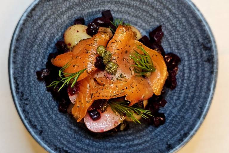 Cured Chalk Stream Trout with Lemon
Confit Potatoes, Beetroot and
Capers Tartar and Dill Dressing