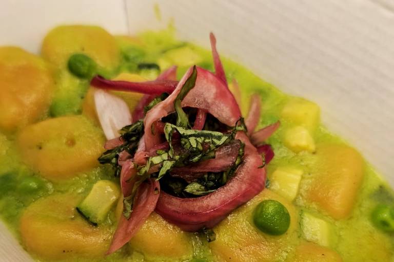 Tomato and Potato Gnocchi with
Chargrilled Asparagus, Peas, Courgette and a Red Onion Salad with Basil