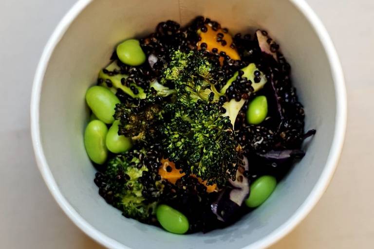 Roasted Summer Squash  with Black
Quinoa, Charred Broccoli, Edamame and Shaved Cabbage. Smoky Lime Dressing