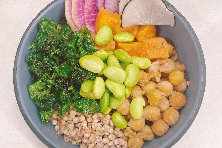 Slow Roasted Sweet Potato and
Chickpea Buddha Bowl  Sauteed
Kale and Chard  Tahini  Chilli
Yoghurt
