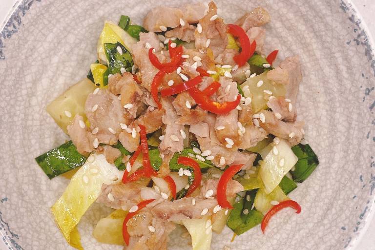 Pulled Duck  Chicory  Lime
Marinated Compressed Kohlrabi
Ginger  Chilli  Soy and Sesame
Dressing