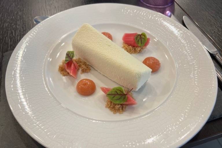 Lemon & poppyseed wave, poached rosemary rhubarb, rhubarb gel, stem ginger crumb