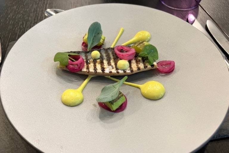 Cured & charred mackerel, Dill aioli, burnt cucumber, pickled red onion & oyster leaf